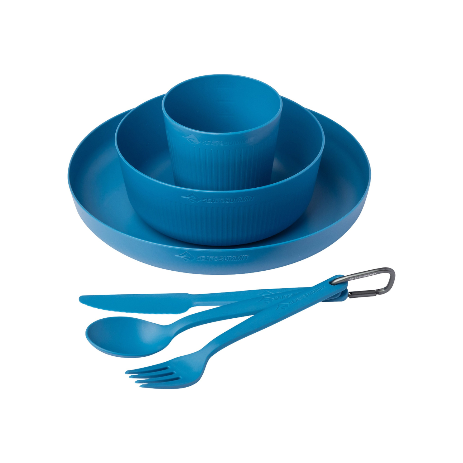 Blue Sea to Summit camp dinnerware set with plate bowl cup and clipped cutlery