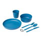 Sea to Summit blue camp dinnerware set components including plate bowl cup and utensils