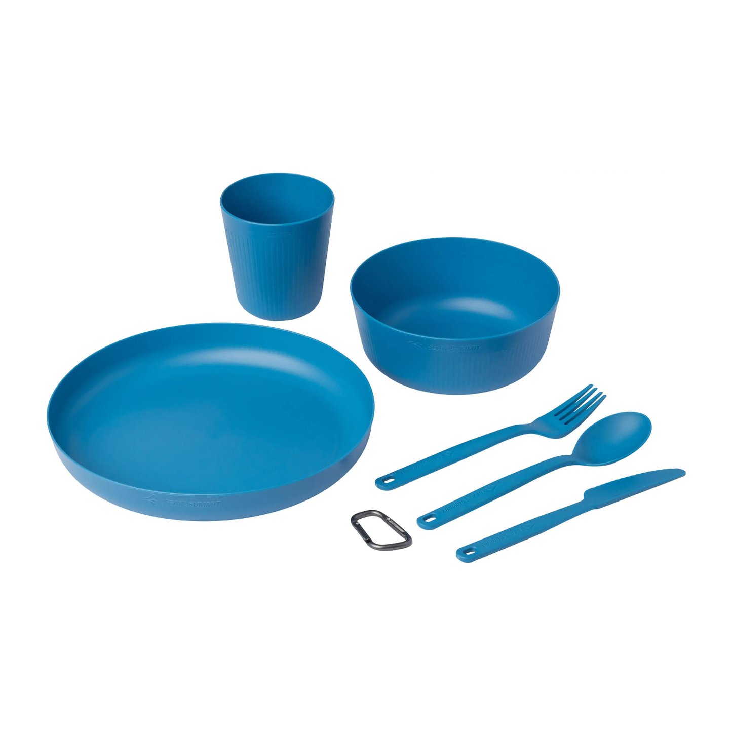 Sea to Summit blue camp dinnerware set components including plate bowl cup and utensils