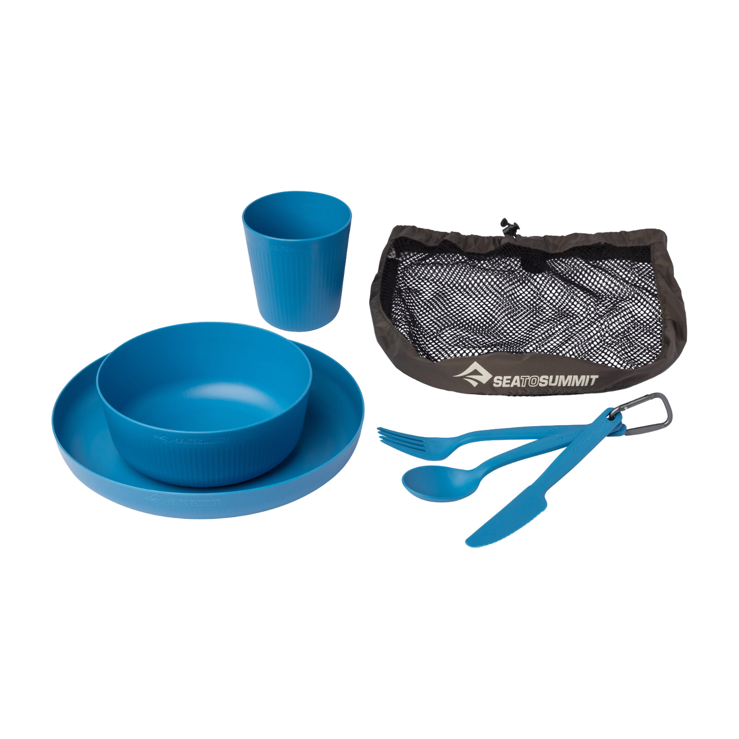 Blue Sea to Summit camp dinnerware set with mesh storage bag and cutlery set