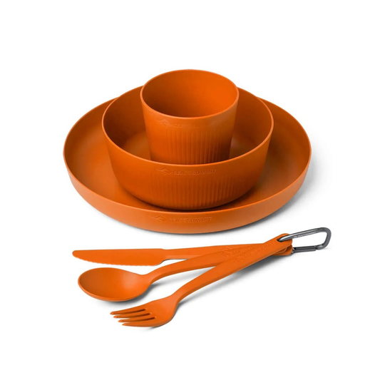 Sea to Summit camp dinnerware set in orange with plate bowl cup and cutlery set