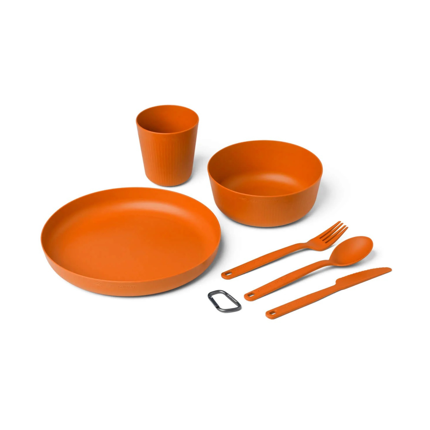 Orange Sea to Summit camp dinnerware set components including plate bowl cup and utensils