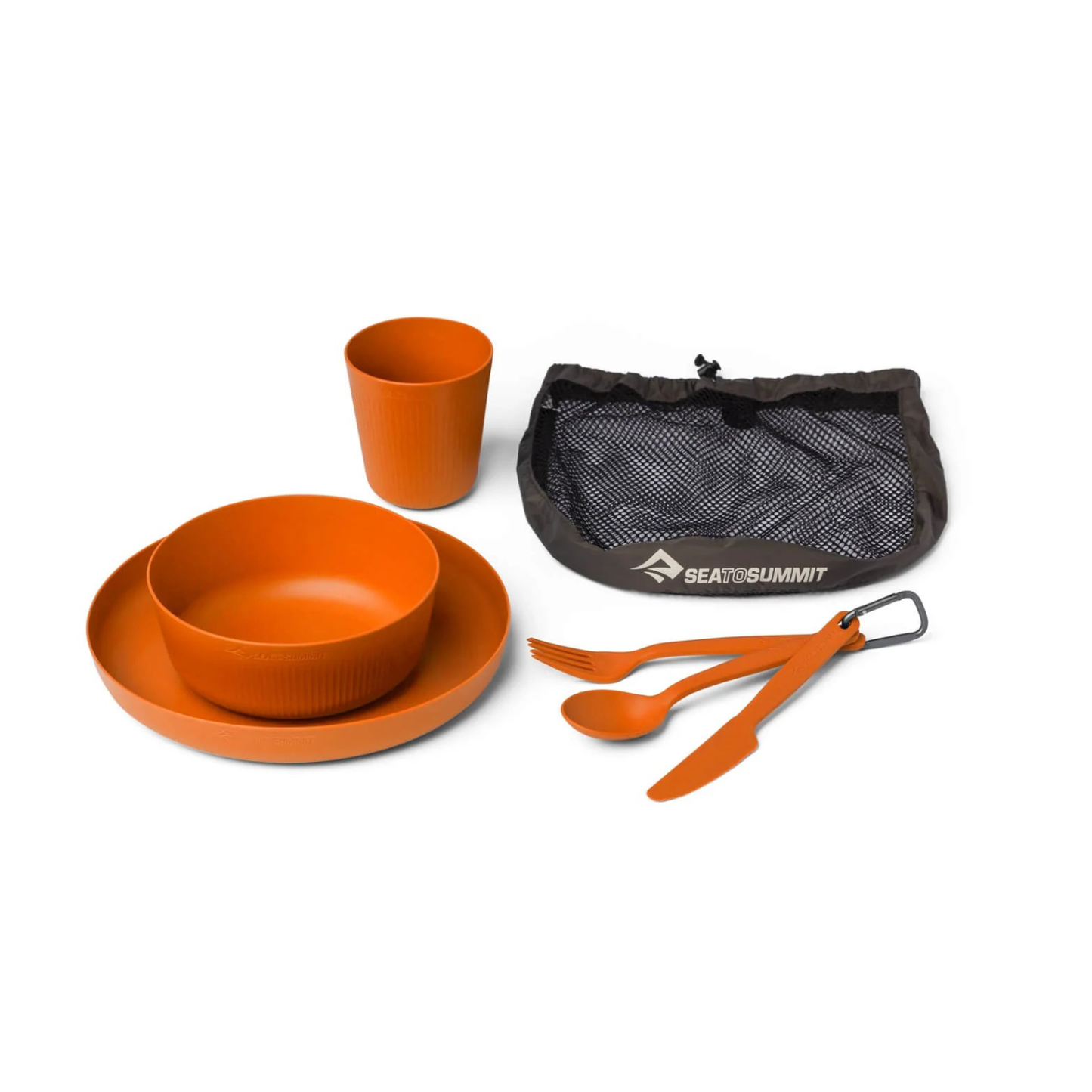 Sea to Summit orange camp dinnerware set with mesh bag and cutlery for camping