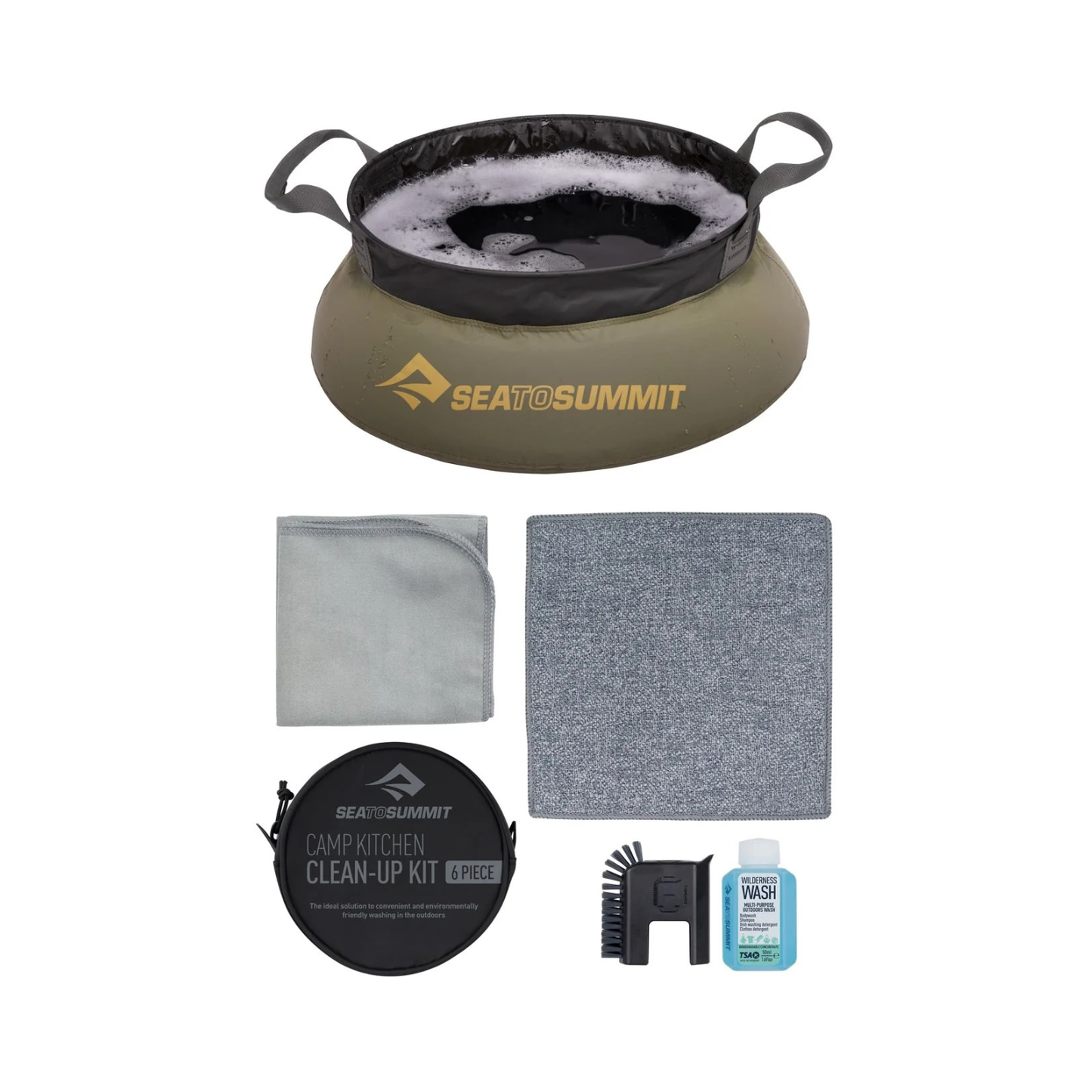 Sea to Summit Camp Kitchen Clean-Up Kit with 10L sink, towel, scrubber, washcloth and biodegradable soap