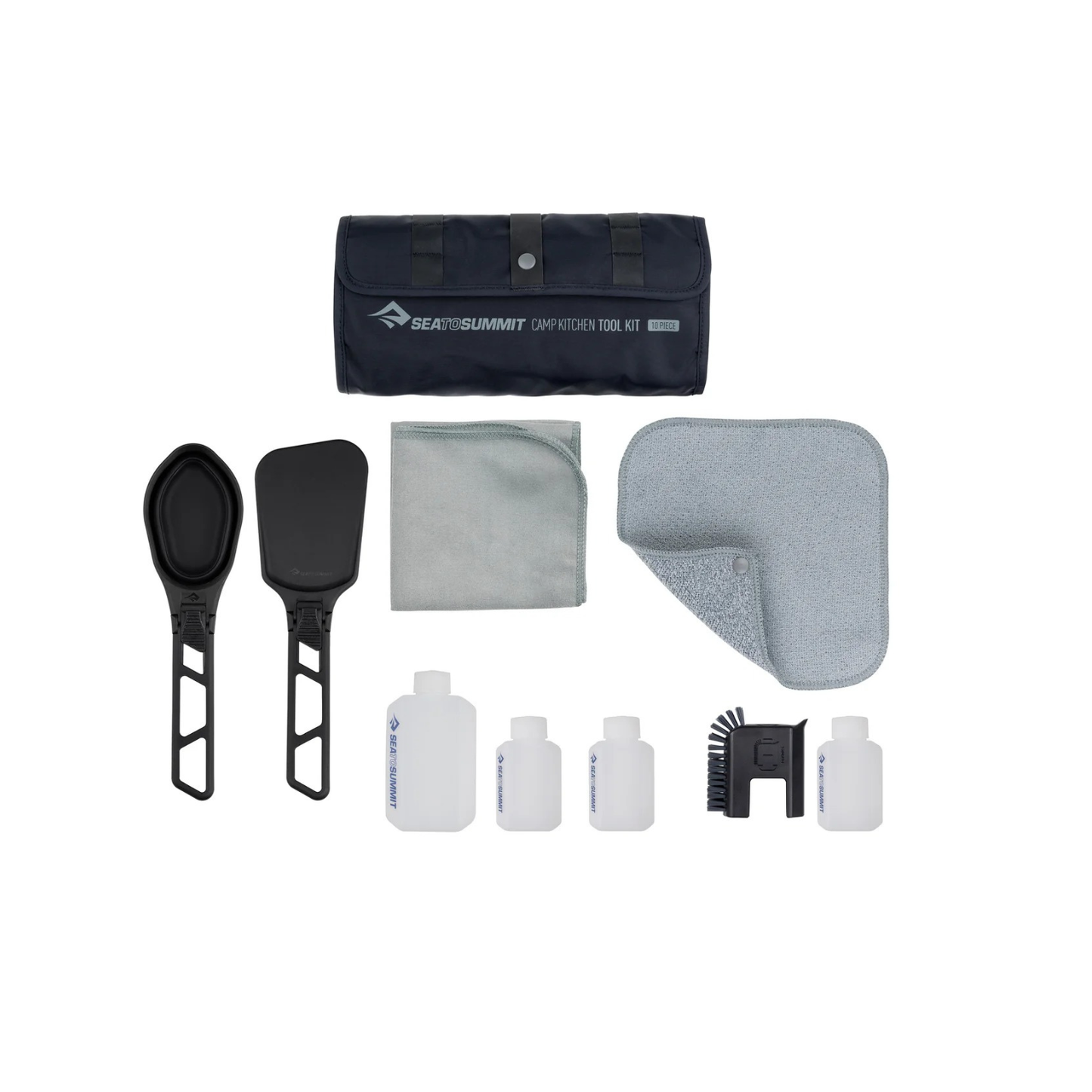 Sea to Summit Camp Kitchen Tool Kit complete set with spatula, spoon, bottles, scrubber, towel and storage pouch