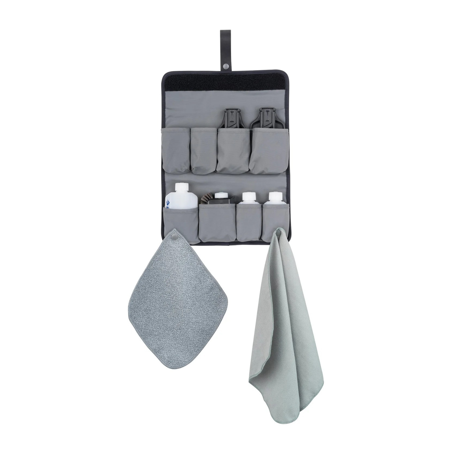 Sea to Summit Camp Kitchen Tool Kit hanging organizer with cooking tools, bottles and towels ready for camp use