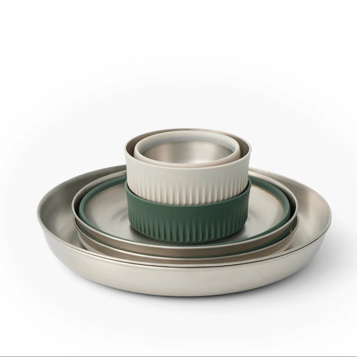 Sea to Summit Detour dinnerware set nested together, plates, bowls, and cups stacked