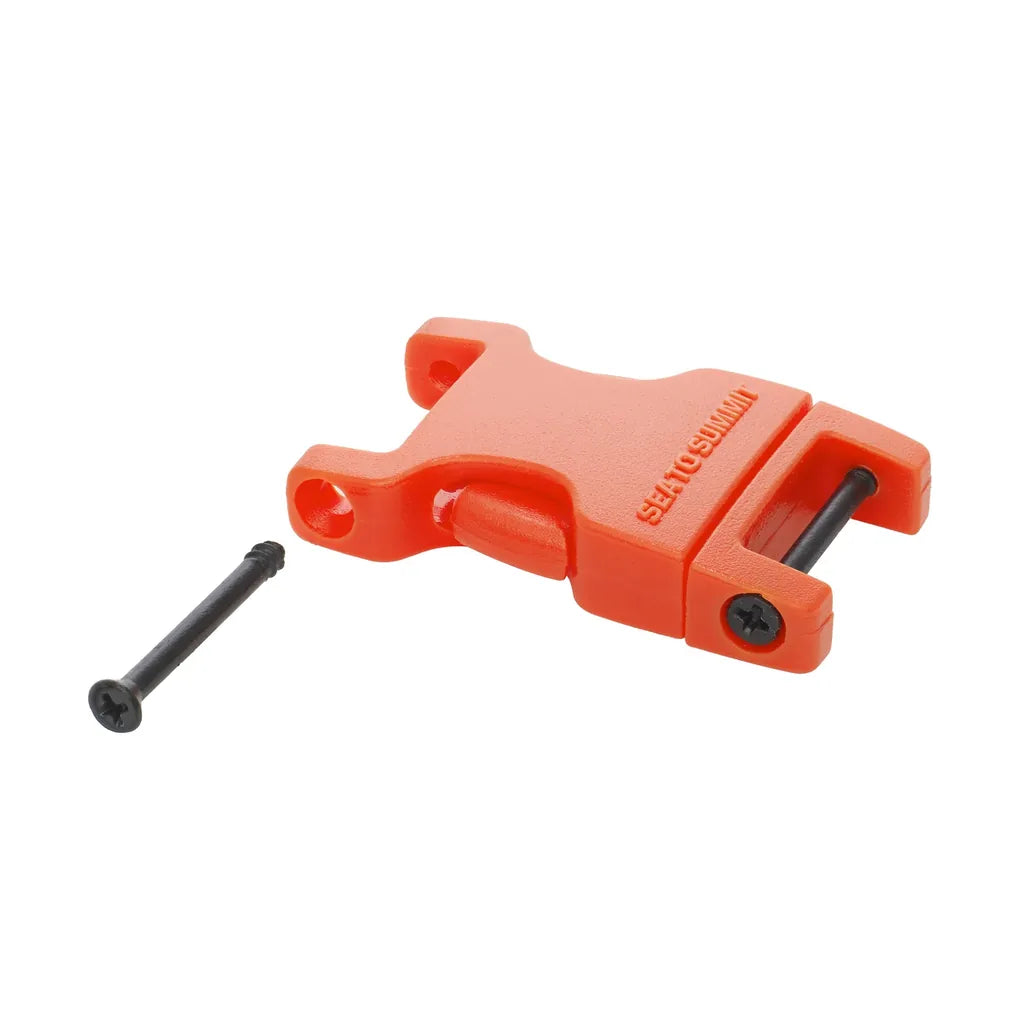 Orange Sea to Summit side-release buckle with black screw used on the Lightweight Dry Bag roll-top closure