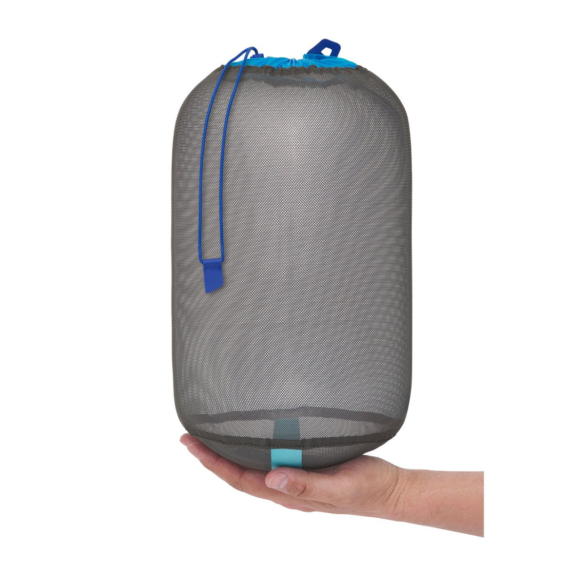 Sea to Summit mesh stuff sack with blue drawcord held in hand for scale