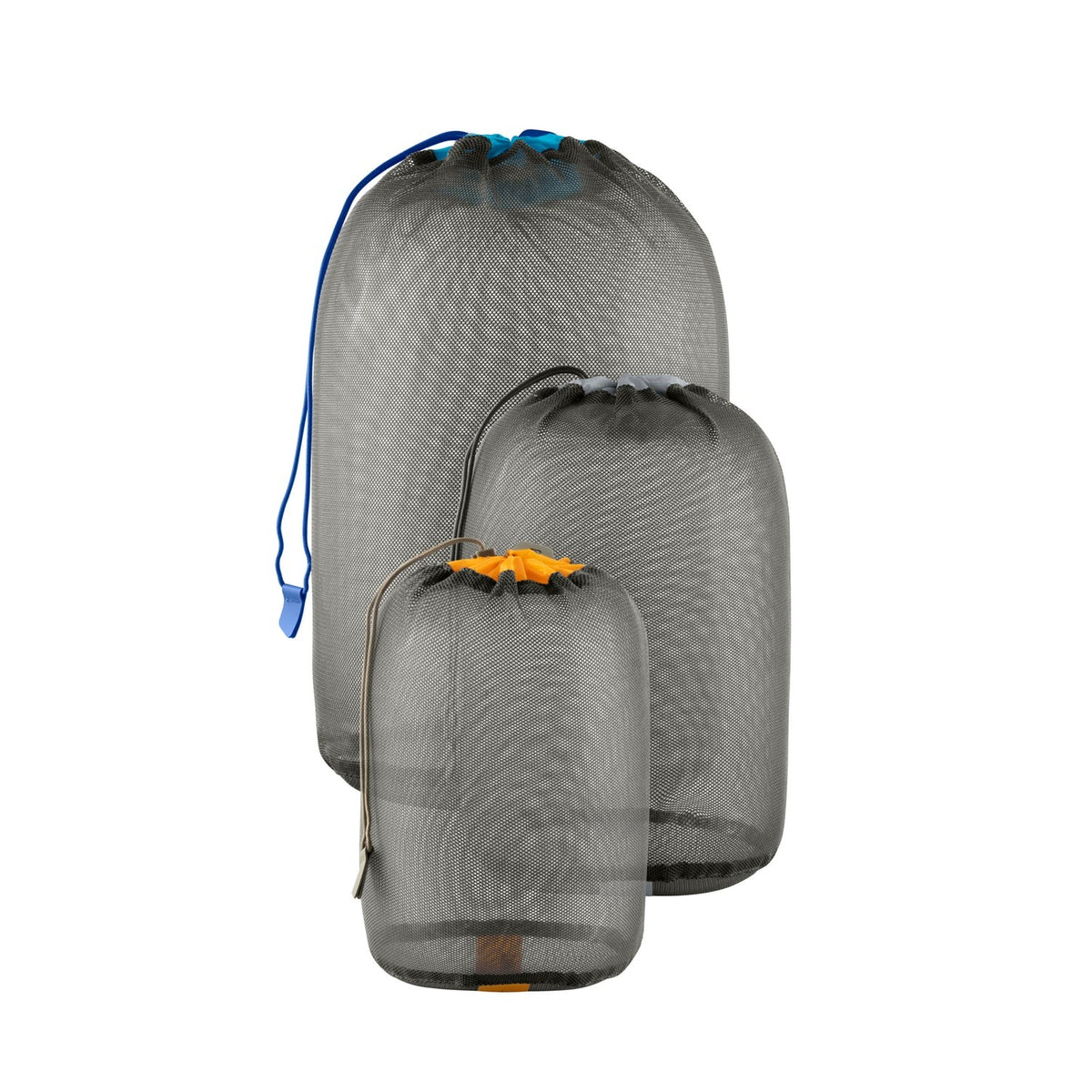 Sea to Summit Mesh Stuff Sack Set – three nested sacks with color-coded drawcords