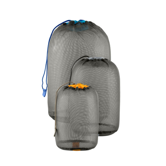 Sea to Summit Mesh Stuff Sack Set – three nested sacks with color-coded drawcords