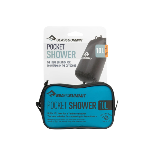 Sea to Summit Pocket Shower 10L compact camping shower packed in travel pouch with product packaging