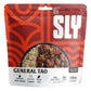 Sly Foods General Tao freeze-dried meal package front hero on white background showing bold red packaging with SLY logo, General Tao product name, bowl of glazed plant-based protein and brown rice food image, and key stats: plant-based, 12 minutes, 24g protein, 820 calories, 170g, 2 portions