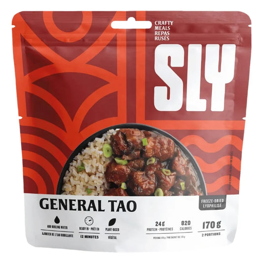 Sly Foods General Tao freeze-dried meal package front hero on white background showing bold red packaging with SLY logo, General Tao product name, bowl of glazed plant-based protein and brown rice food image, and key stats: plant-based, 12 minutes, 24g protein, 820 calories, 170g, 2 portions