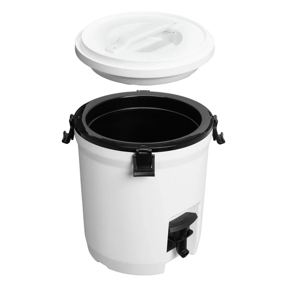 Stanley Adventure Fast Flow Water Jug 2 Gallon in Chalk top-angle view on white background showing the white circular lid with integrated white carry handle bridge, black latch buckle on the side, and white cylindrical body