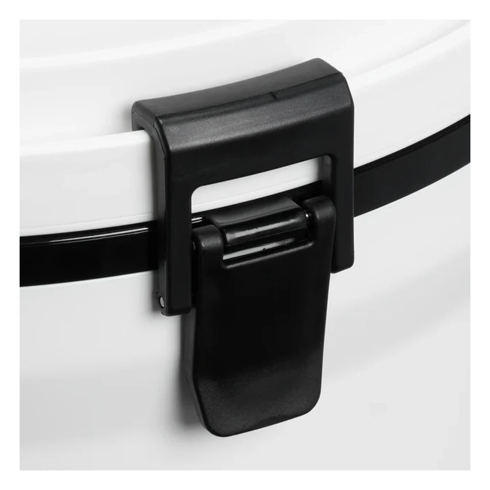 Stanley Adventure Fast Flow Water Jug 2 Gallon in Chalk close-up detail on white background showing the black hinged latch buckle mechanism securing the lid to the white body, with the black rubber gasket sealing band visible around the rim