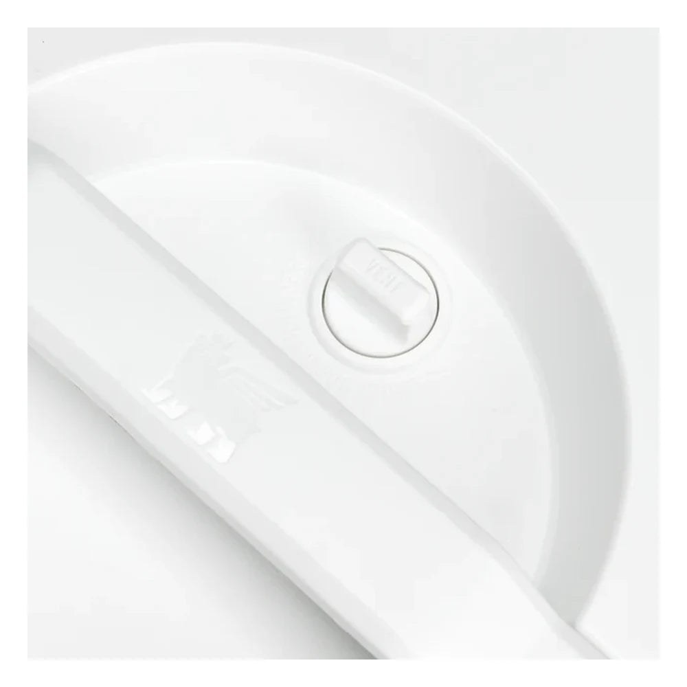 Stanley Adventure Fast Flow Water Jug 2 Gallon in Chalk top-angle view on white background showing the white circular lid with integrated white carry handle bridge, black latch buckle on the side, and white cylindrical body