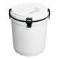 Stanley Adventure Fast Flow Water Jug 2 Gallon in Chalk front hero on white background showing white cylindrical body with Stanley winged bear embossed logo, dark charcoal gray fast-flow spigot with lever handle at the front base, and dark gray latch hardware securing the lid