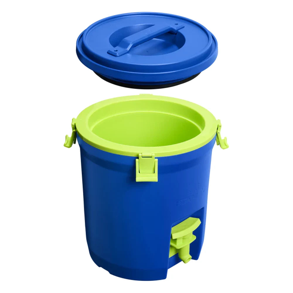 Stanley Adventure Fast Flow Water Jug 2 Gallon in Cobalt Chartreuse exploded view on white background showing the cobalt blue lid lifted off revealing the neon chartreuse green interior rim liner and open body, with chartreuse latch hardware and chartreuse fast-flow spigot on the cobalt blue body