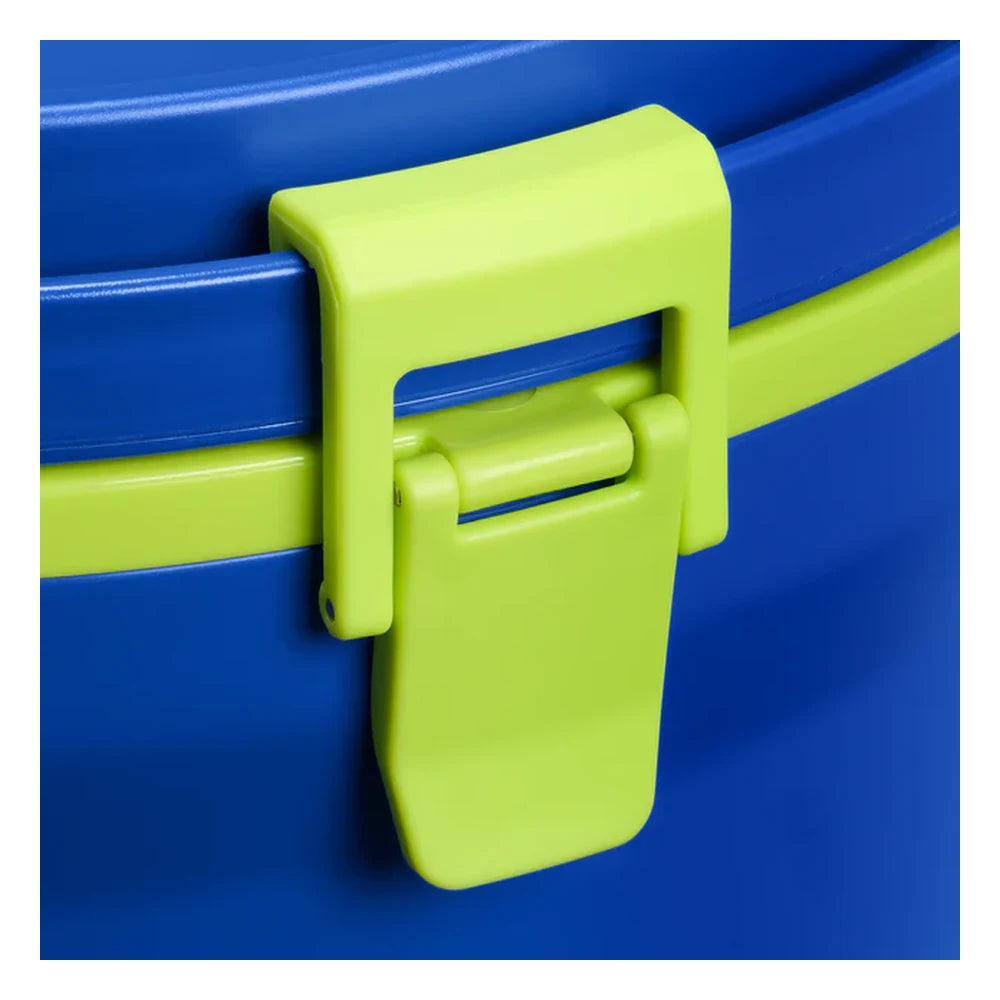 Stanley Adventure Fast Flow Water Jug 2 Gallon in Cobalt Chartreuse close-up detail on white background showing the neon chartreuse green hinged latch buckle mechanism securing the lid to the cobalt blue body, with the chartreuse green rubber gasket sealing band visible around the rim