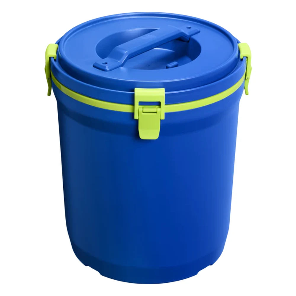 Stanley Adventure Fast Flow Water Jug 2 Gallon in Cobalt Chartreuse top-angle view on white background showing the cobalt blue circular lid with integrated carry handle bridge, neon chartreuse green latch buckle on the side, and cobalt blue cylindrical body