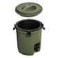 Stanley Adventure Fast Flow Water Jug 2 Gallon in Dried Pine exploded view on white background showing the olive green circular lid lifted off revealing the black rubber sealing gasket rim and olive green interior, with black spigot and black latch hardware on the body below