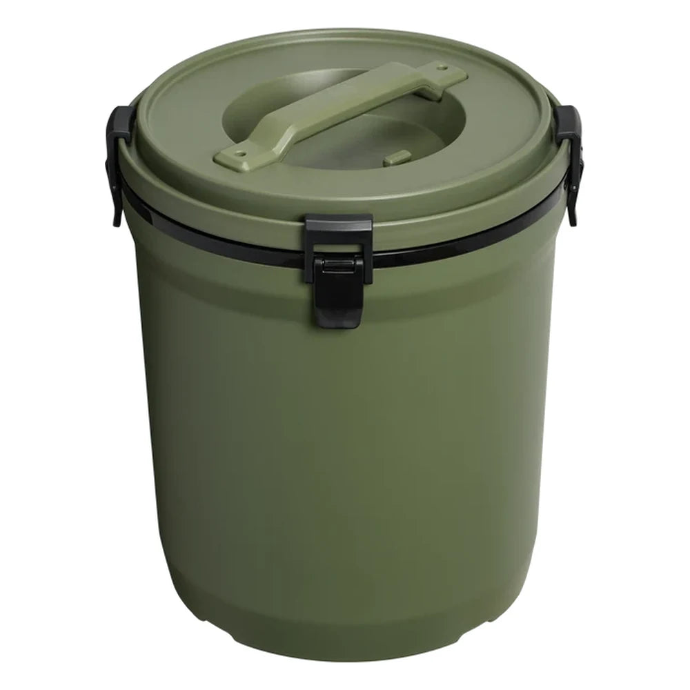 Stanley Adventure Fast Flow Water Jug 2 Gallon in Dried Pine top-angle view on white background showing the olive green circular lid with integrated carry handle bridge, black latch buckle on the side, and olive green cylindrical body