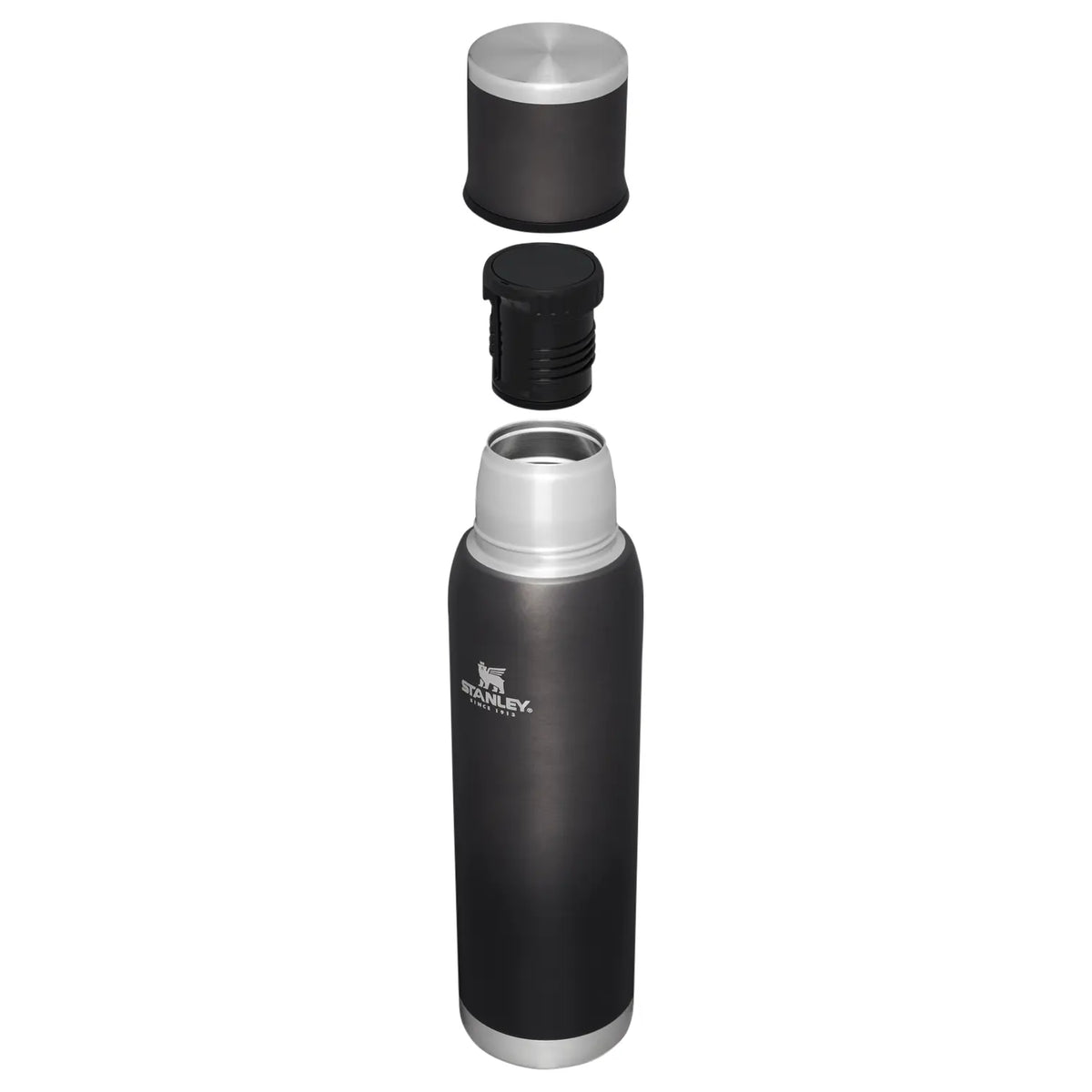 Stanley Adventure To-Go Bottle 1.4 QT in Black, exploded view showing the cup lid, stopper and open bottle