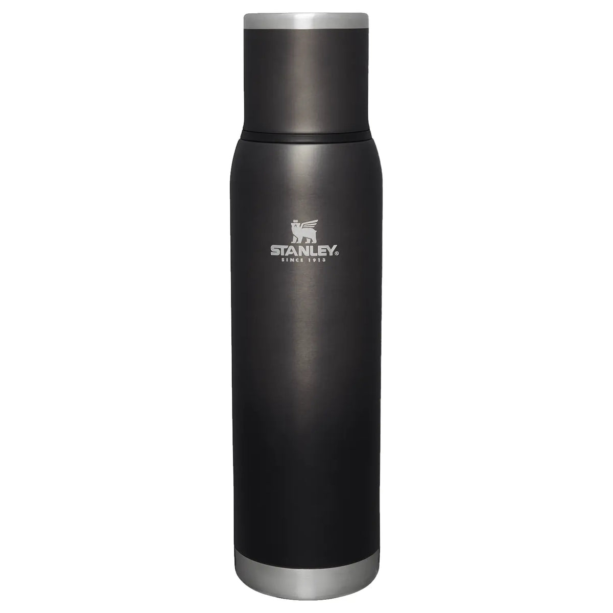 Stanley Adventure To-Go Bottle 1.4 QT in Black, front view with Stanley logo and stainless steel base