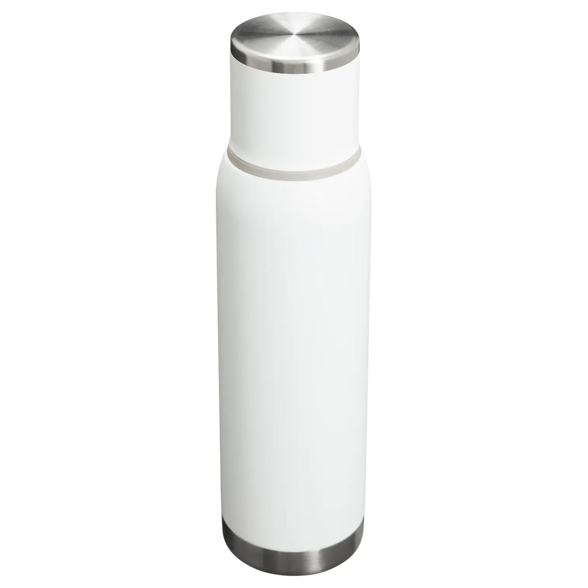 Stanley Adventure To-Go Bottle 1.4 QT in Frost, angled back view showing the steel cap top and gray band