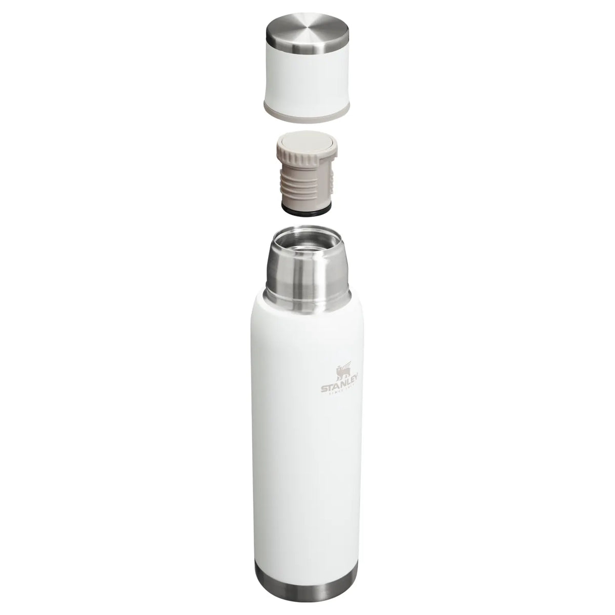Stanley Adventure To-Go Bottle 1.4 QT in Frost, exploded view showing the cup lid, stopper and open bottle
