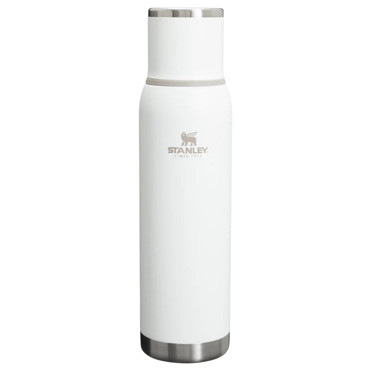 Stanley Adventure To-Go Bottle 1.4 QT in Frost, front view with Stanley logo and stainless steel base