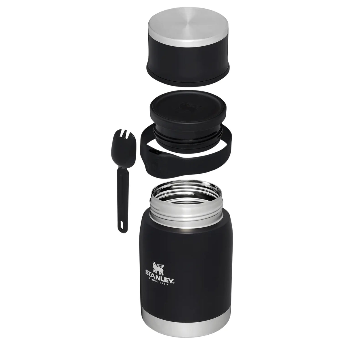 Stanley Adventure To-Go Food Jar with Spork 24 OZ in black, exploded view showing the cap, band, spork and open jar