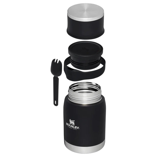Stanley Adventure To-Go Food Jar with Spork 24 OZ in black, exploded view showing the cap, band, spork and open jar