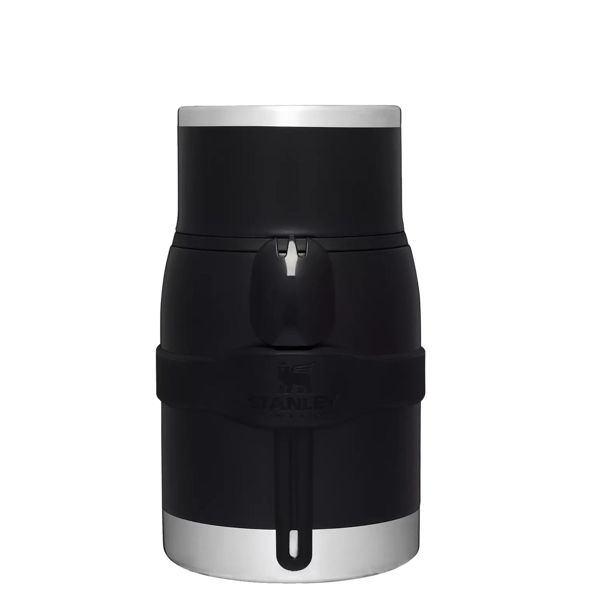 Stanley Adventure To-Go Food Jar with Spork 24 OZ in black, front view with spork and silicone band