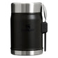 Stanley Adventure To-Go Food Jar and Spork 24oz in Matte Black front hero on white background showing assembled matte black jar with stainless steel lid, black spork clipped into side holder strap, and Stanley logo on the jar body