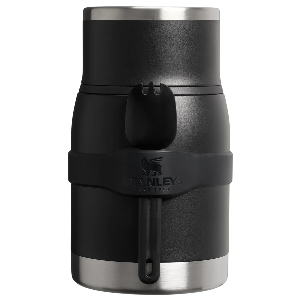 Stanley Adventure To-Go Food Jar with Spork 24 OZ in black, front view with the spork tucked into the silicone band