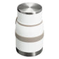 Stanley Adventure To-Go Food Jar and Spork 24oz in Frost White back and top angle view on white background showing polished stainless steel lid top, white jar body with tan gray strap bands wrapped around the exterior