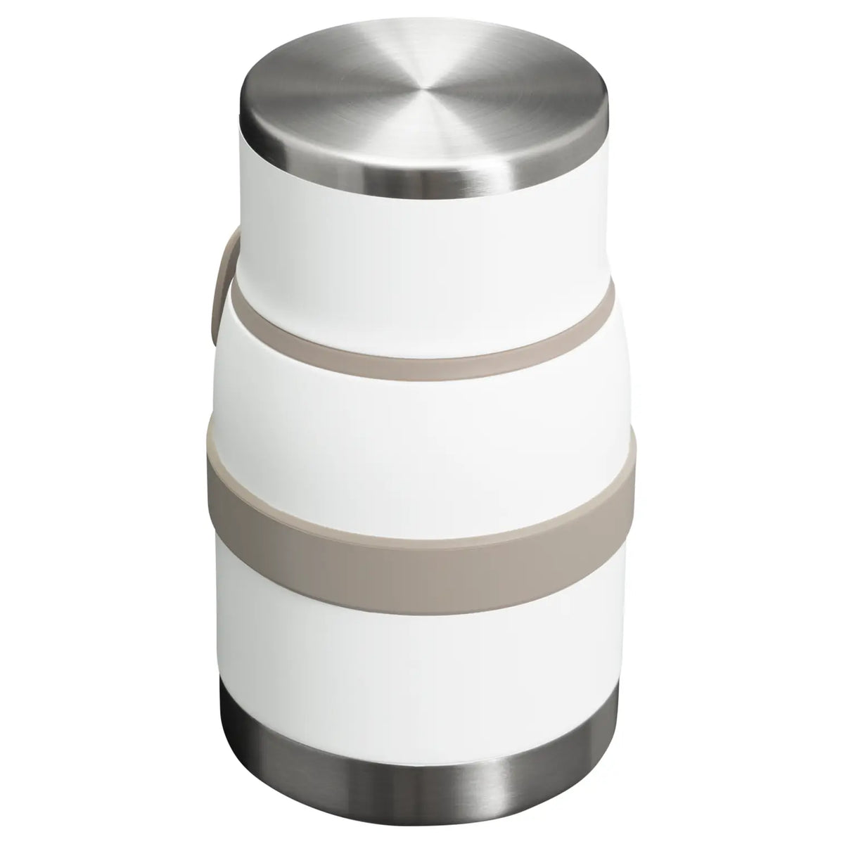 Stanley Adventure To-Go Food Jar with Spork 24 OZ in Frost, angled back view showing the stainless steel cap and band