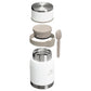 Stanley Adventure To-Go Food Jar with Spork 24 OZ in Frost, exploded view showing the cap, band, spork and open jar
