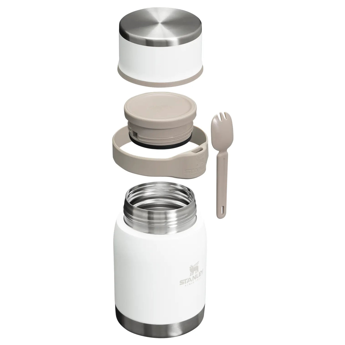 Stanley Adventure To-Go Food Jar with Spork 24 OZ in Frost, exploded view showing the cap, band, spork and open jar