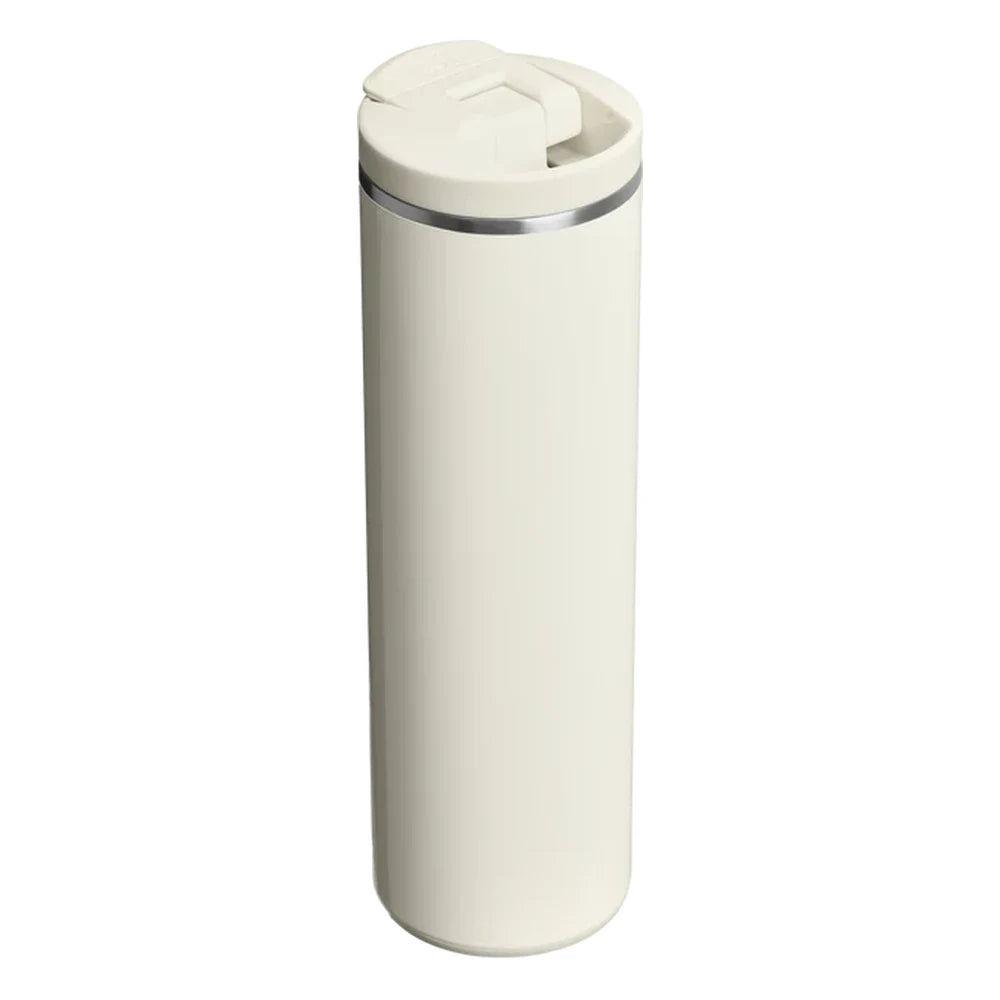 Stanley AeroLight Transit Bottle 20oz in Cream Gloss back view on white background showing smooth cream matte cylindrical body, stainless steel trim ring at the neck, and cream flip-top lid with the latch tab visible from behind