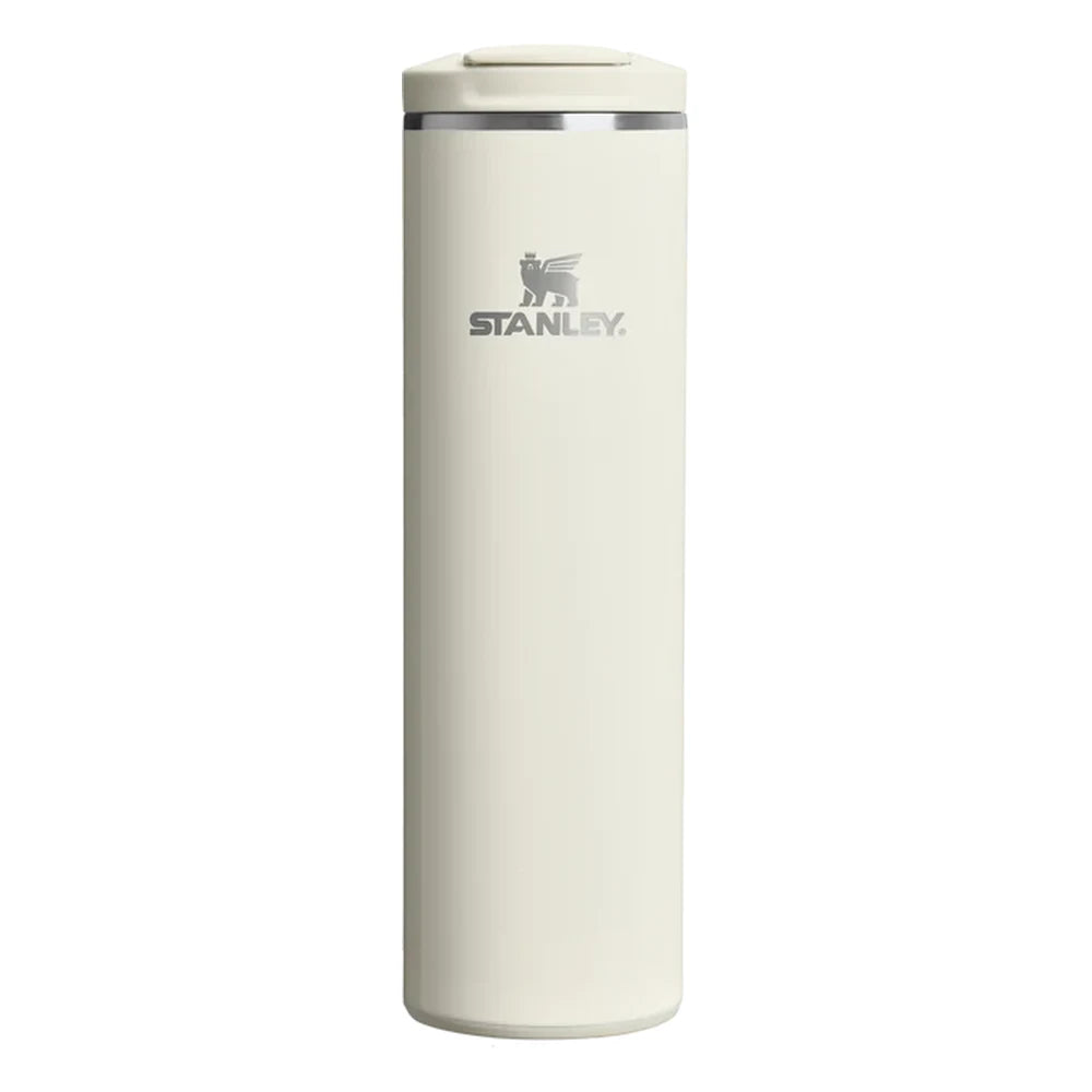 Stanley AeroLight Transit Bottle 20oz in Cream Gloss front hero on white background showing slim cream matte cylindrical bottle with Stanley winged bear logo, stainless steel trim ring at the neck, and cream flip-top lid with press-button latch
