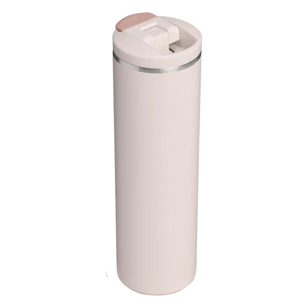Stanley AeroLight Transit Bottle 20oz in Rose Quartz back view on white background showing smooth pale blush pink matte cylindrical body, stainless steel trim ring at the neck, and rose quartz flip-top lid with the latch tab visible from behind