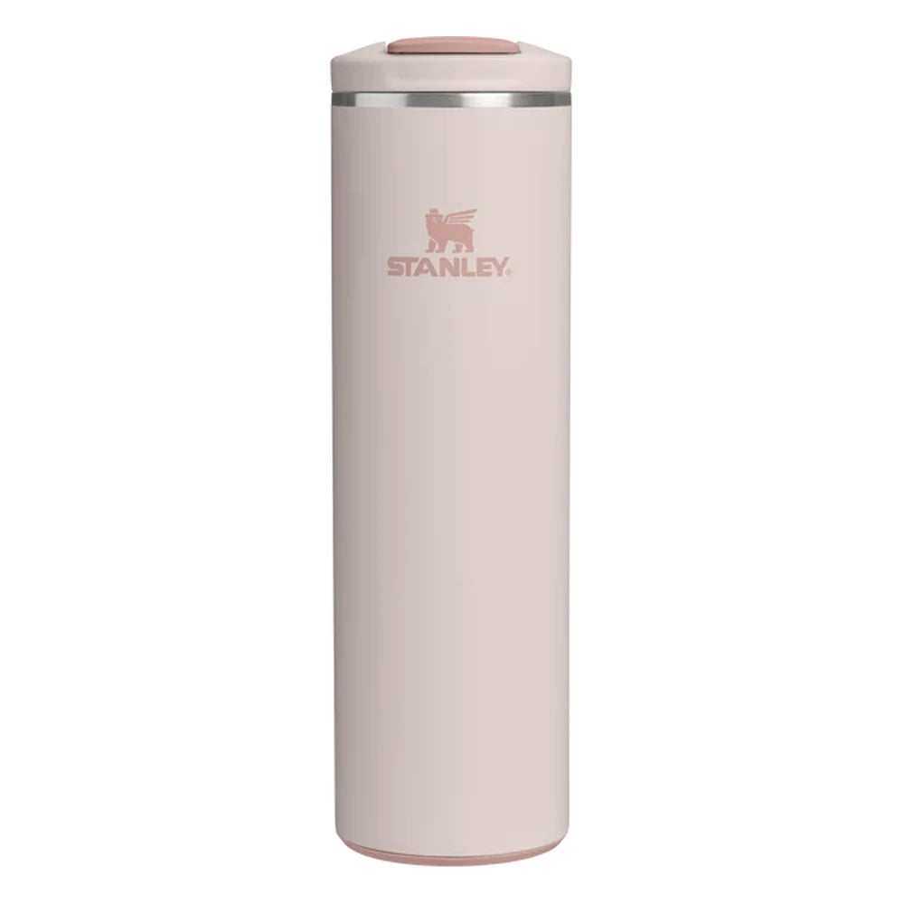 Stanley AeroLight Transit Bottle 20oz in Rose Quartz front hero on white background showing slim pale blush pink matte cylindrical bottle with Stanley winged bear logo, stainless steel trim ring at the neck, and rose quartz flip-top lid with press-button latch