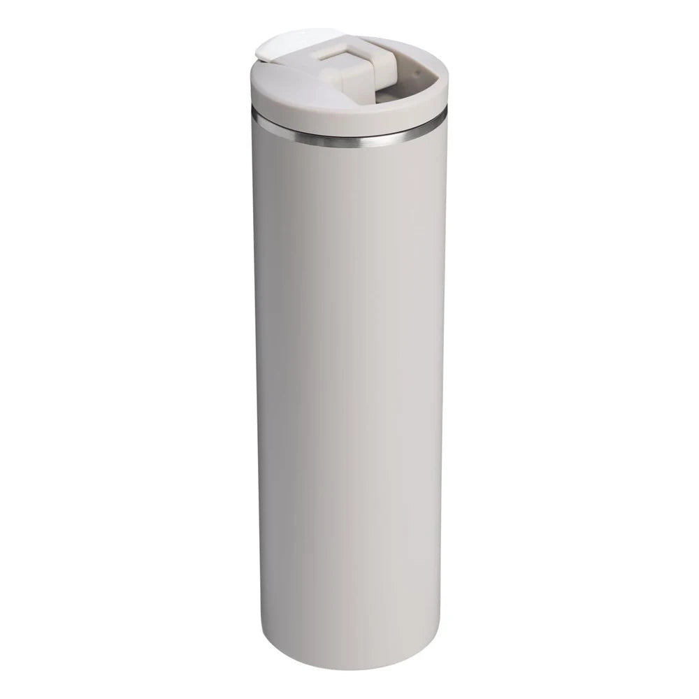 Stanley AeroLight Transit Bottle 20oz in Warm Gray back view on white background showing smooth warm gray matte cylindrical body, stainless steel trim ring at the neck, and warm gray flip-top lid with press-button latch tab