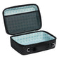Stanley All Day Midi Lunch Box 6.3QT in Black open interior view on white background showing the clamshell lid open flat revealing the light blue Stanley-pattern interior lining with a mesh organizer pocket in the lid and a spacious rectangular main compartment below
