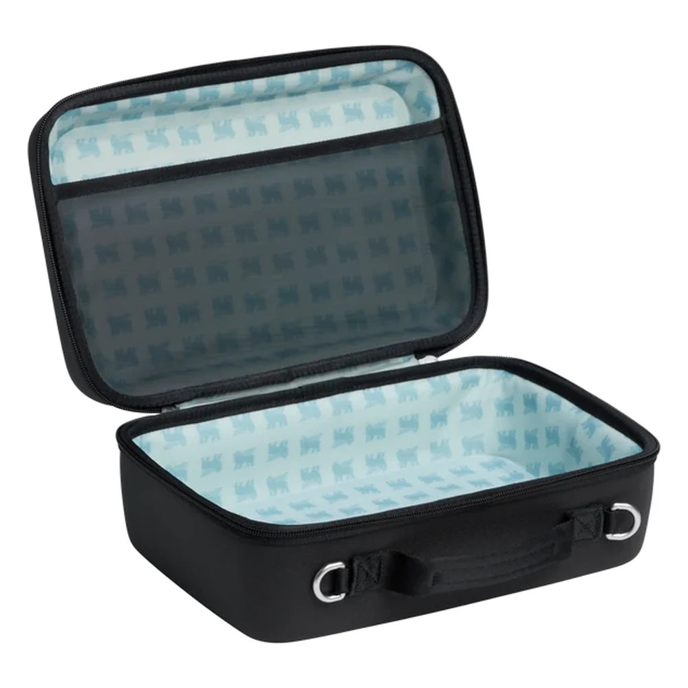 Stanley All Day Midi Lunch Box 6.3QT in Black open interior view on white background showing the clamshell lid open flat revealing the light blue Stanley-pattern interior lining with a mesh organizer pocket in the lid and a spacious rectangular main compartment below