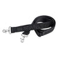 Stanley All Day Midi Lunch Box 6.3QT shoulder strap detail on white background showing the black woven nylon Stanley-branded strap with embossed Stanley text and winged bear logo, coiled with two silver carabiner-style swivel clips at each end for attaching to the lunch box D-rings