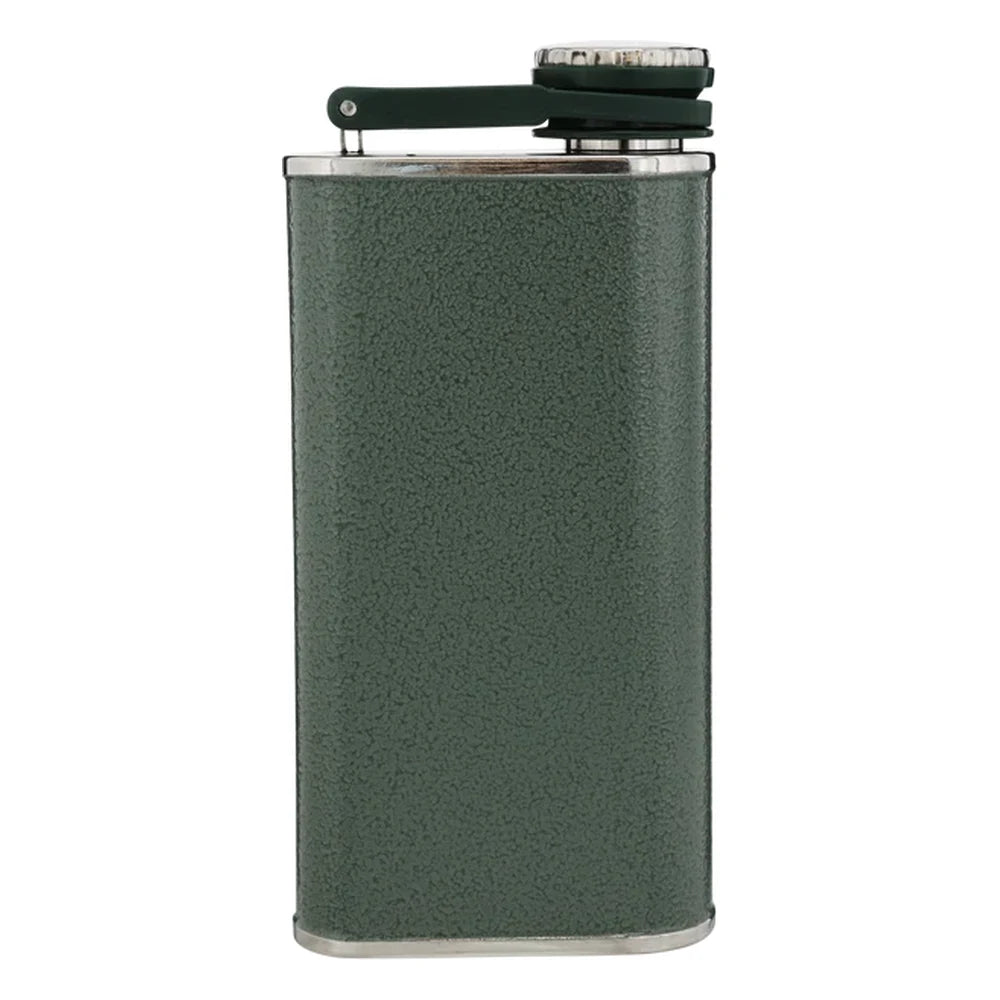 Stanley Classic Easy Fill Wide Mouth Flask 8oz in Hammertone Green back view on white background showing smooth hammertone green enamel rear panel, closed cap with bail hinge detail visible from above